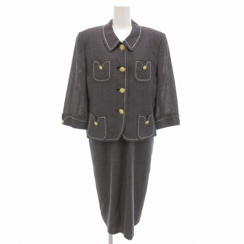 レリアン Leilian CLARIDGE アンサンブル 半袖ワンピース ジャケット 絹 シルク混 総柄 11 紺 ネイビー 白 ホワイト |TZ