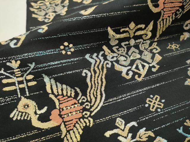 平和屋着物○全通柄袋帯 葉文 黒地 やまと誂製 正絹 逸品 平和屋着物○全通柄袋帯 葉文 黒地 やまと誂製 正絹 逸品