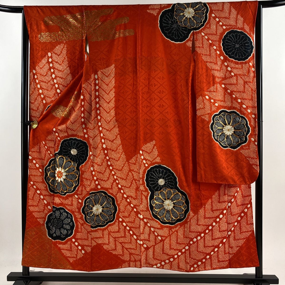 振袖 身丈152cm 裄丈65cm M 袷 花 青海波 金糸 絞り オレンジ 正絹 秀品