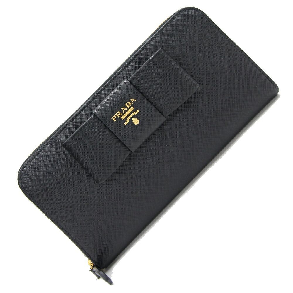 美品　PRADA プラダ　長財布　ラウンド　ファスナー　リボン　金ロゴ 極美品✨ プラダ PRADA 長財布 ラウンドファスナー 金ロゴ リボン 黒