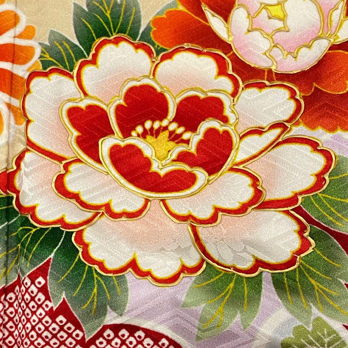 【凛々】１７Ｃ　中古品正絹京染振袖紅扇花1円スタート身丈170裄68.5 凛々１７Ｃ 中古品正絹京染振袖紅扇花1円スタート身丈170裄