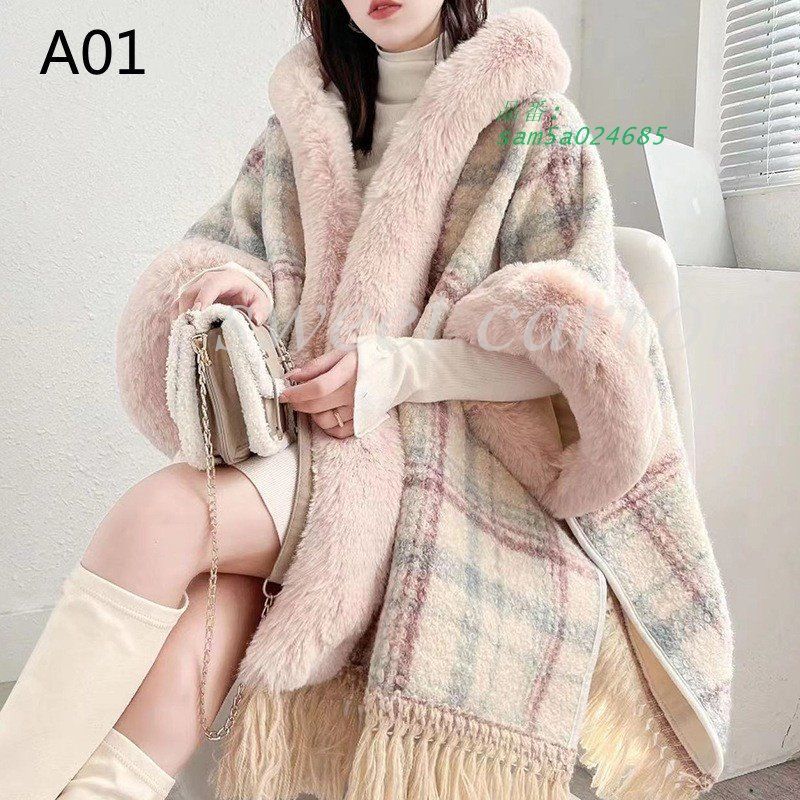 厚手 ポンチョ マント コート 大人 カーディガン レディースファッション ロング丈 フェイクファー襟 羽織 チェック柄 フード付き アウター am5a024685