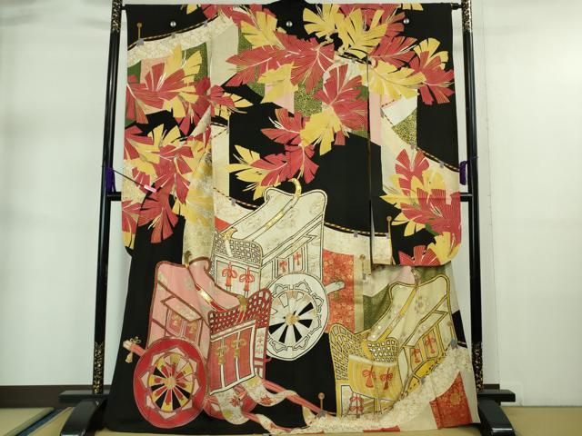 平和屋着物□極上 アンティーク 大正ロマン 振袖 駒刺繍 御所車 黒地  