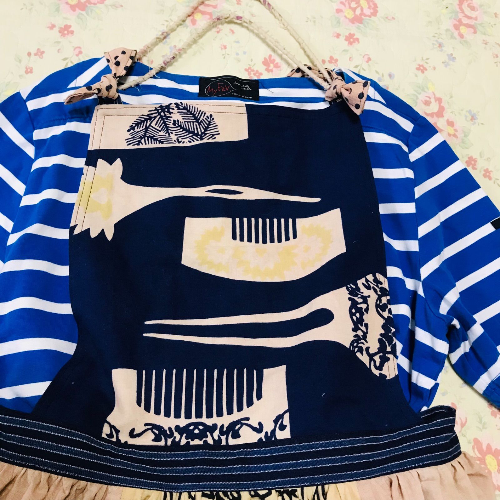 135 胸当て付エプロン くし リメイク ハンドメイド 手ぬぐい