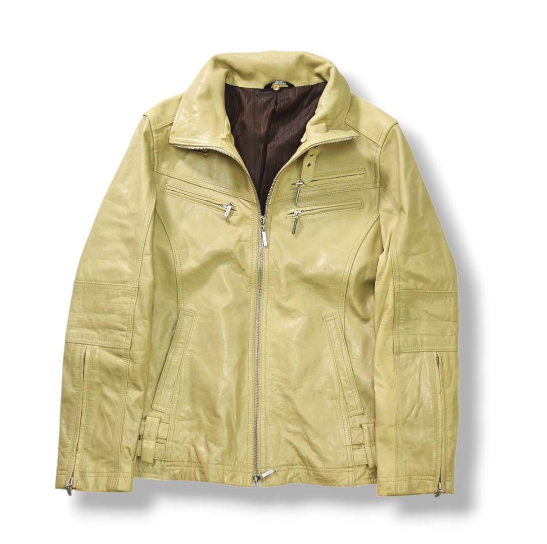 00s archive アトリエ サブ メン ASM ATELIER SAB MEN 水牛革 バッファロー カウハイド シングル ライダース レザー ジャケット 革ジャン 総裏地 50 ベージュ x ストライプ柄 ブラウン メンズ