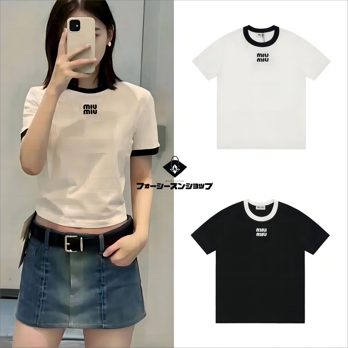 MIUMIU 専用でお値引き 半袖 Tシャツ レディース ファッション 人気 春夏 2色 ホワイト/ブラック（04060801）