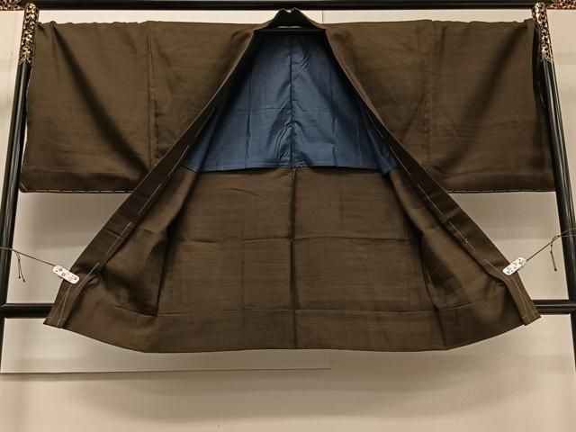 平和屋着物▽男性 単衣 長羽織 紬地 黒茶色 キングサイズ 正絹