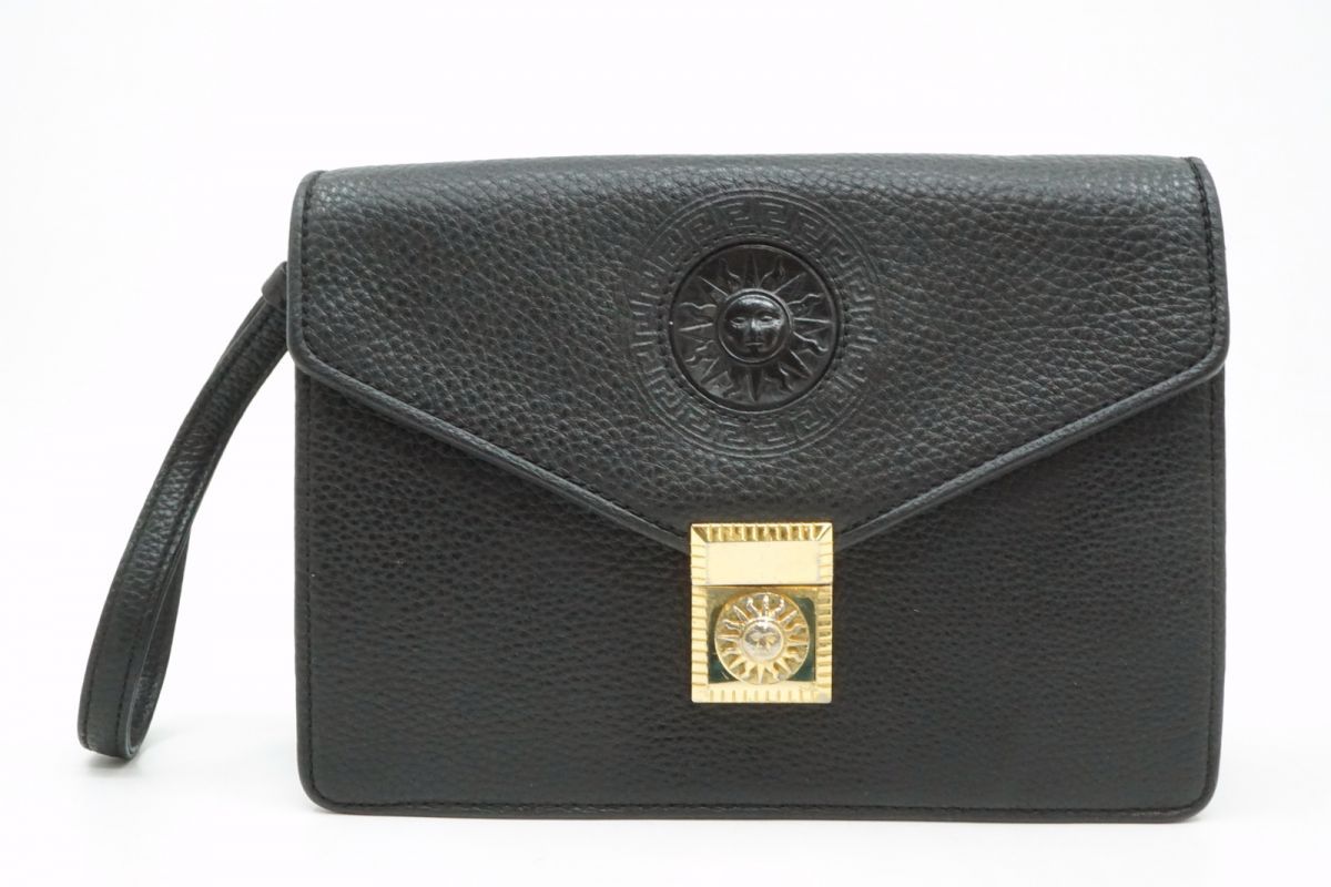 ヴェルサーチェ ハンドバッグ クラッチ サンバースト グレカ Unisex ゴールド金具 レザー 黒 ブラック VERSACE 2234h