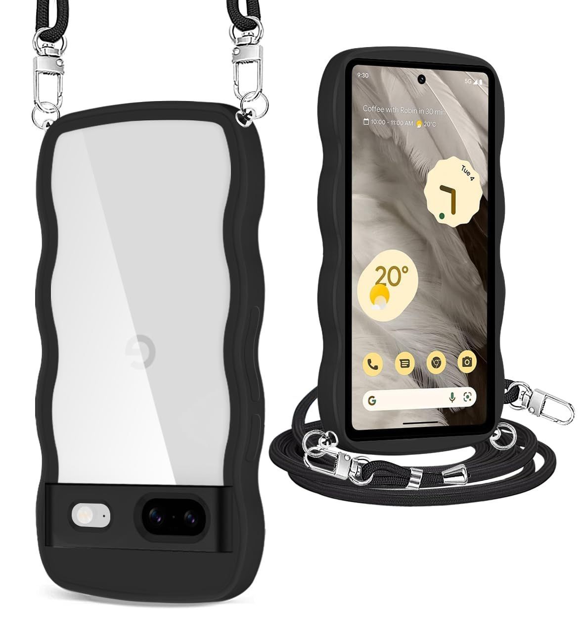 肩掛け 首かけ TPU スマホケース 透明 薄型 カバー 8 8 軽量 ピクセル 全面保護 取り外し可能 かわいい 人気 ストラップ付き 長さ調整可能 ショルダー クリア ワイヤレス充電対応（ブラック） ケース Pixel