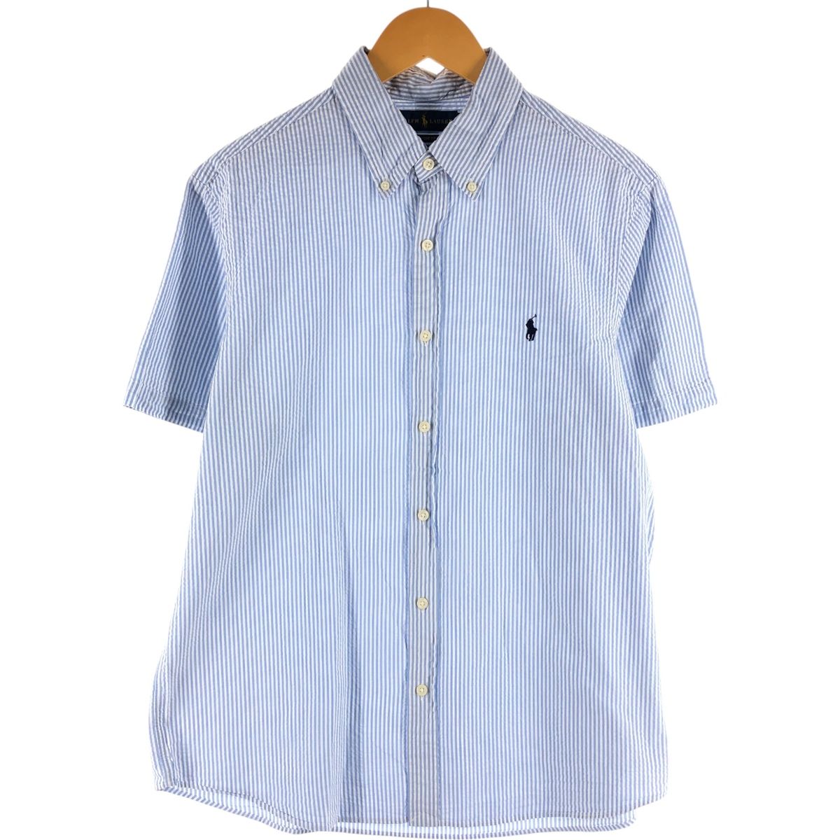 古着 ラルフローレン Ralph Lauren CLASSIC FIT RL UNTUCKED FIT シアサッカー 半袖 ボタンダウン ストライプシャツ|eaa539476