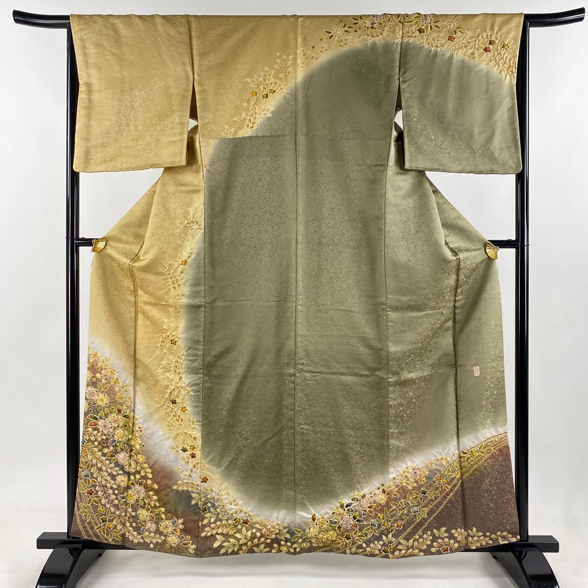 訪問着 身丈161.5cm 裄丈64.5cm M 袷 翠山工房 やまと 落款 辻が花 金通し 染め分け 黄土色 正絹