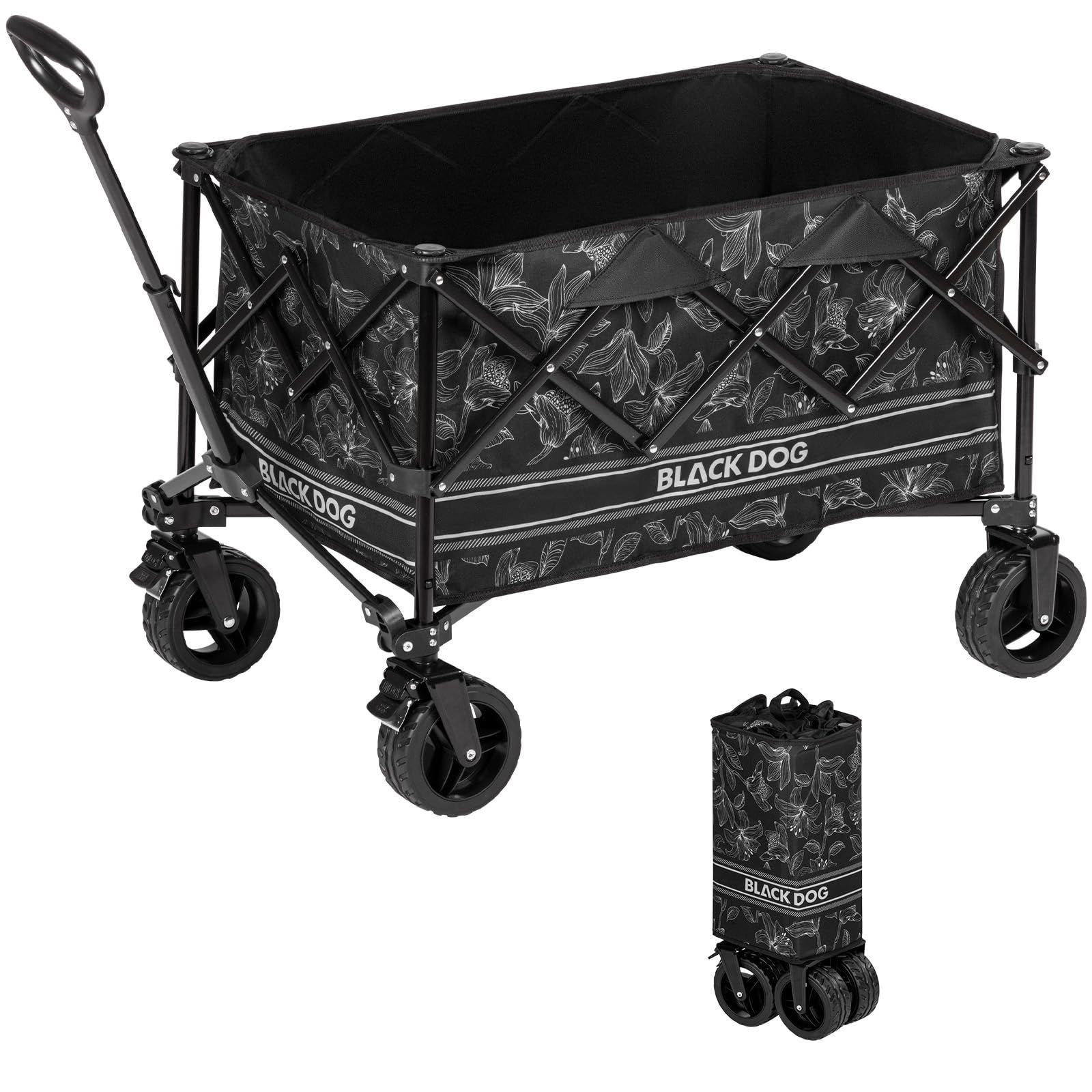 陸鯨 カート キャンプ おしゃれ アウトドアワゴン 自立式 ワンタッチ収束型 お花 容量160L 使用荷重100kg キャリーワゴン 公式 BLACKDOG