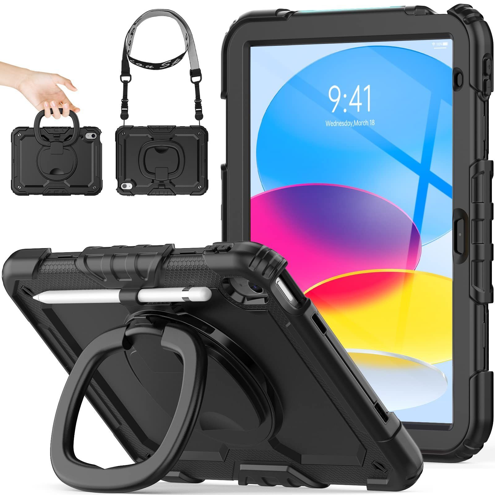 【在庫処分】10.9インチ専用 ペン収納 リングハンドル耐衝撃ケース 第10世代 ショルダーストラップ iPadケース stock フィルム付きフレーム（ブラック） SEYMAC