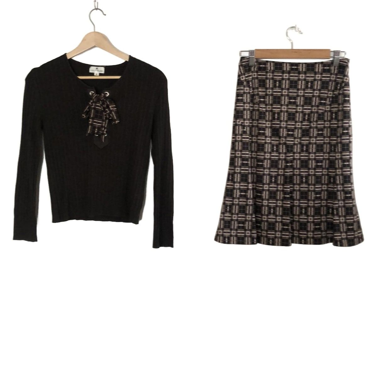 COURREGES クレージュ スカートセットアップ レディース - ダークブラウン×ライトピンク チェック柄