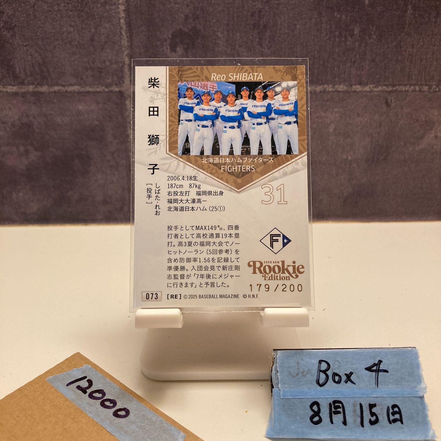 【美品】ハイ⭐︎スピード！ 半券キャンペーン D賞 色紙 2025 BBM 柴田怜央 179/200 銀箔サイン 北海道日本ハム