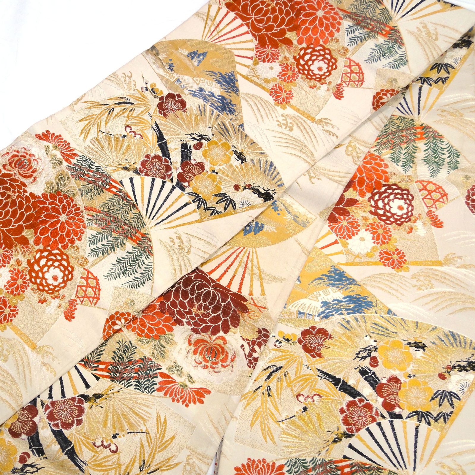 正絹 丸帯 扇 花 No.200701-0467 梱包サイズ60