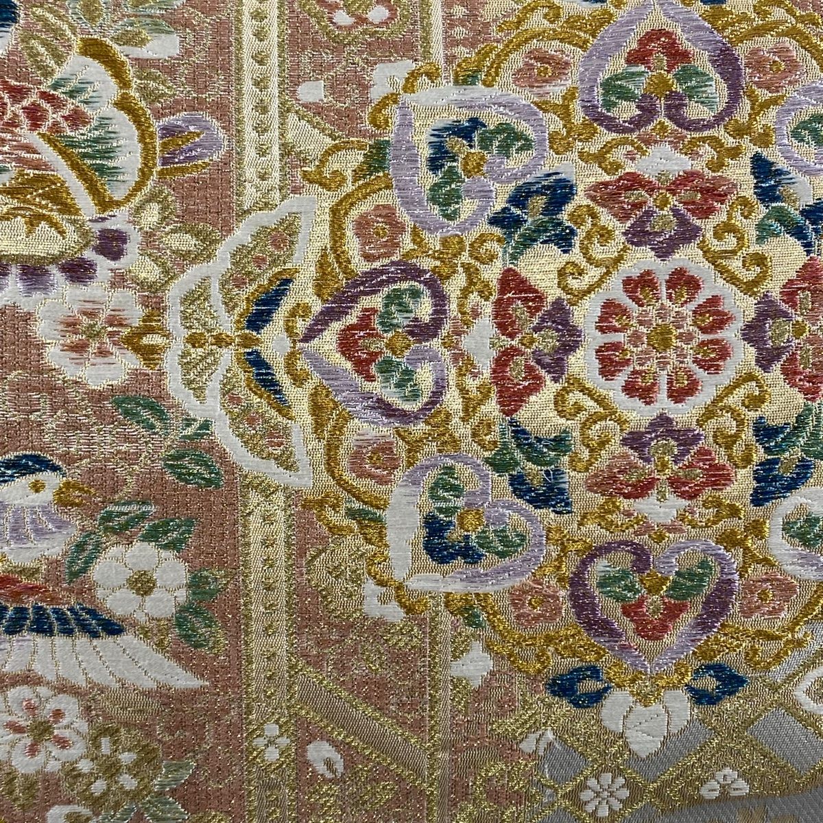 袋帯 美品 秀品 華文 花鳥 金銀糸 箔 ベージュ 六通 正絹 【中古 袋帯 美品 秀品 華文 花鳥 金銀糸 箔 ベージュ 六通 正絹 【中古