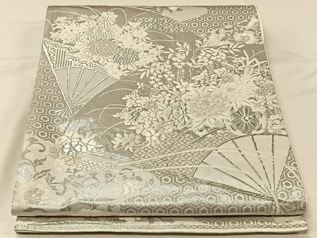 正絹 袋帯 両面 表・モノトーン 花びらと蝶 裏・ 横段 麻の葉 京袋帯 召しませ花 華布 更紗 黒 紅葉 秋 モダン 正絹 日本製