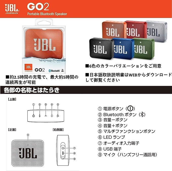 ブルー JBL GO2 Bluetoothスピーカー IPX7防水/ポータブル/パッシブ