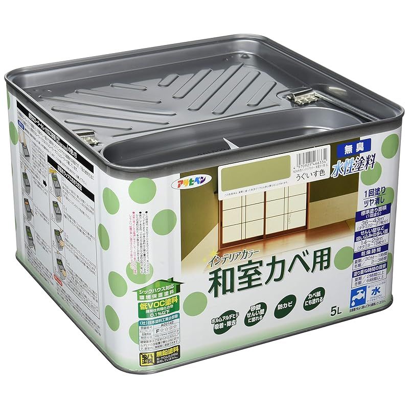 アサヒペン 塗料 ペンキ NEW水性インテリアカラー和室カベ 5L うぐいす色 水性 室内 壁用 艶消し 1回塗り 無臭 防カビ 低VOC シックハウス対策品 日本製