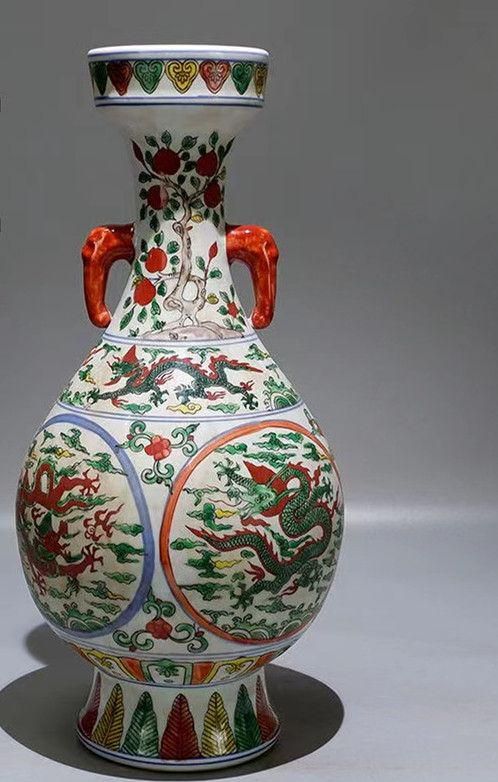 嘉靖青花五彩龍紋象耳花瓶 書道具 文房具 現代工芸品 美術品 置物