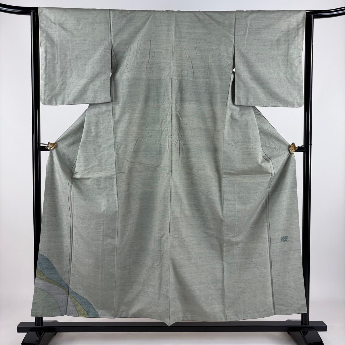 付下げ 身丈156cm 裄丈63cm S 袷 能州紬地 落款 幾何学模様 薄緑 正絹 名品