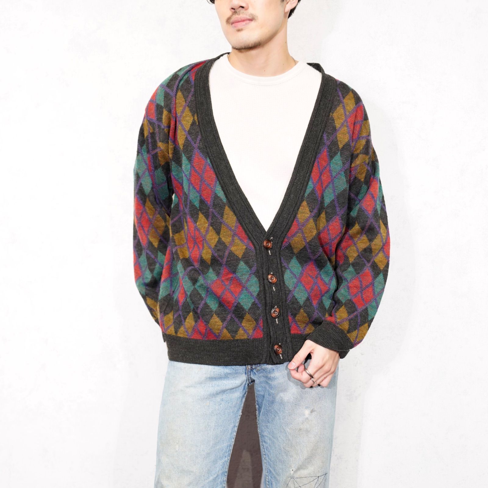 EU VINTAGE FRANK ALEXS DIAMOND PATTERNED DESIGN KNIT CARDIGAN|ヨーロッパ古着ダイアモンド柄デザインニットカーディガン