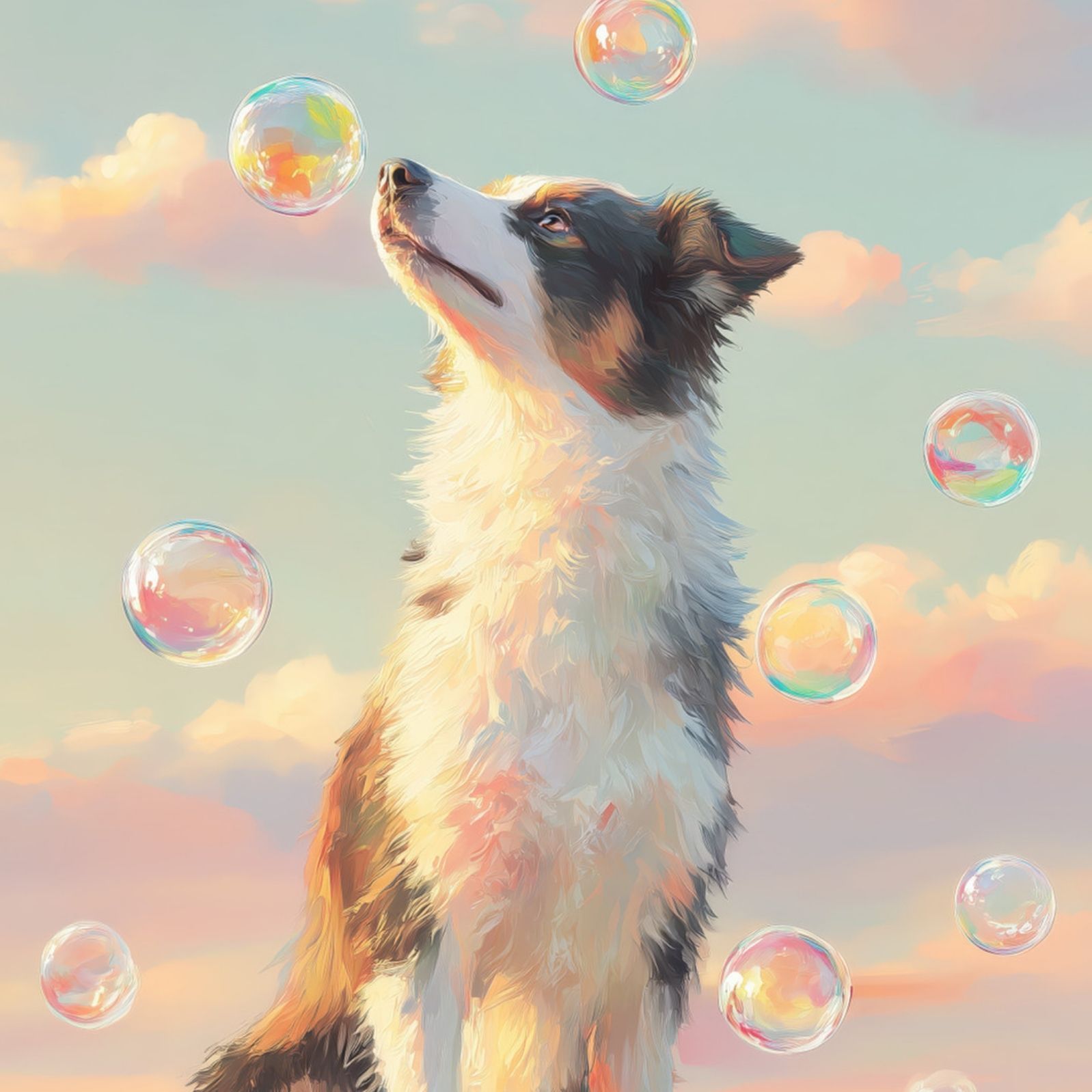 名入れOK 犬とシャボン玉 - ボーダーコリー犬 No.1 アートポスター うちの子記念日 ペットロス 北欧 ナチュラル