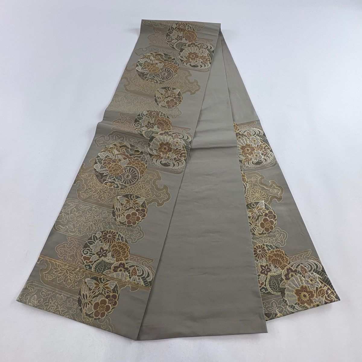 新発売 金糸 桧扇 草花 落款 川島織物 名品 美品 袋帯 灰色 正絹 六通 着物・浴衣