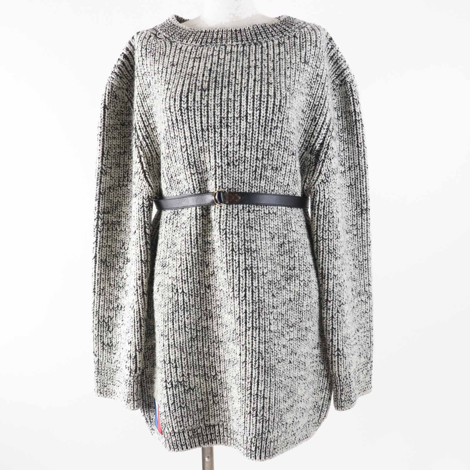 ◎LOUIS VUITTON ルイヴィトン 23AW ウール コットン レザーベルト付き パッチ付き 長袖 ミックスニット ワンピース ブラック ホワイト M イタリア製 レディース