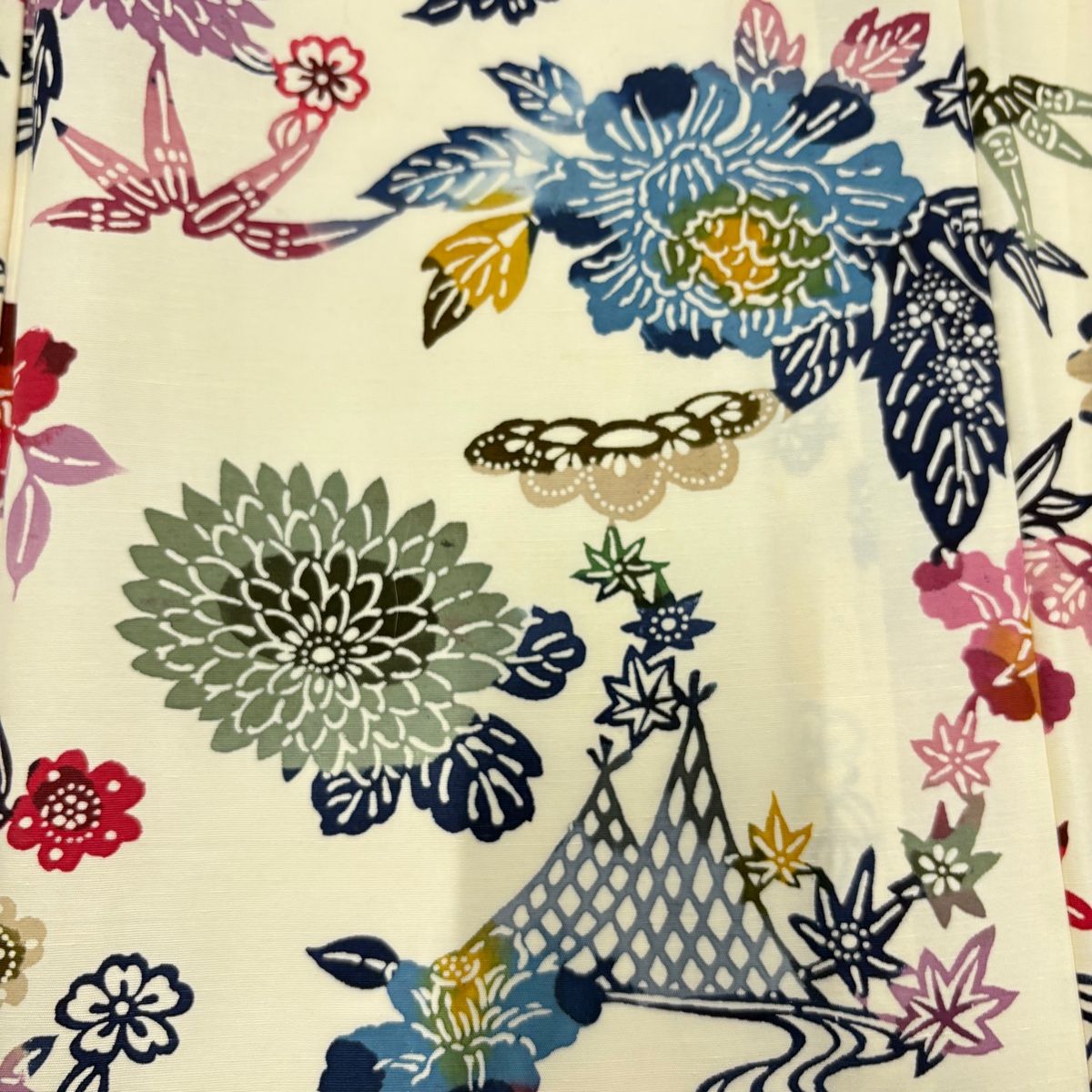 小紋 身丈152.5cm 裄丈61.5cm S 単衣 草花 網干 クリーム 正絹 美品  