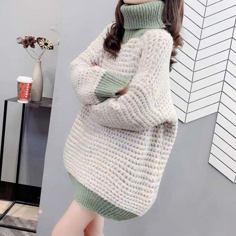 ふわふわ素材 うぶ甘ニット 無地 長袖 リブ ニット ハイネック アウター ロング丈 着.せ ゆったり 体型カバー 秋冬 厚手 配色 切り替え 韓国風 太め糸 お洒落 小顔効果 セーター トッ yz6774