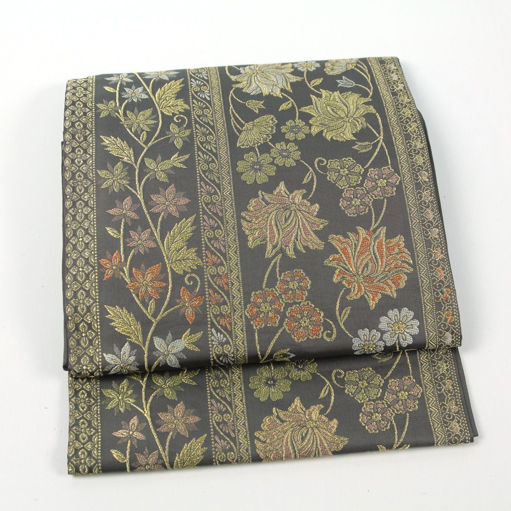 リサイクル】 本袋帯 【未使用品】 未仕立て品 金糸 縞に花唐草 グレー 