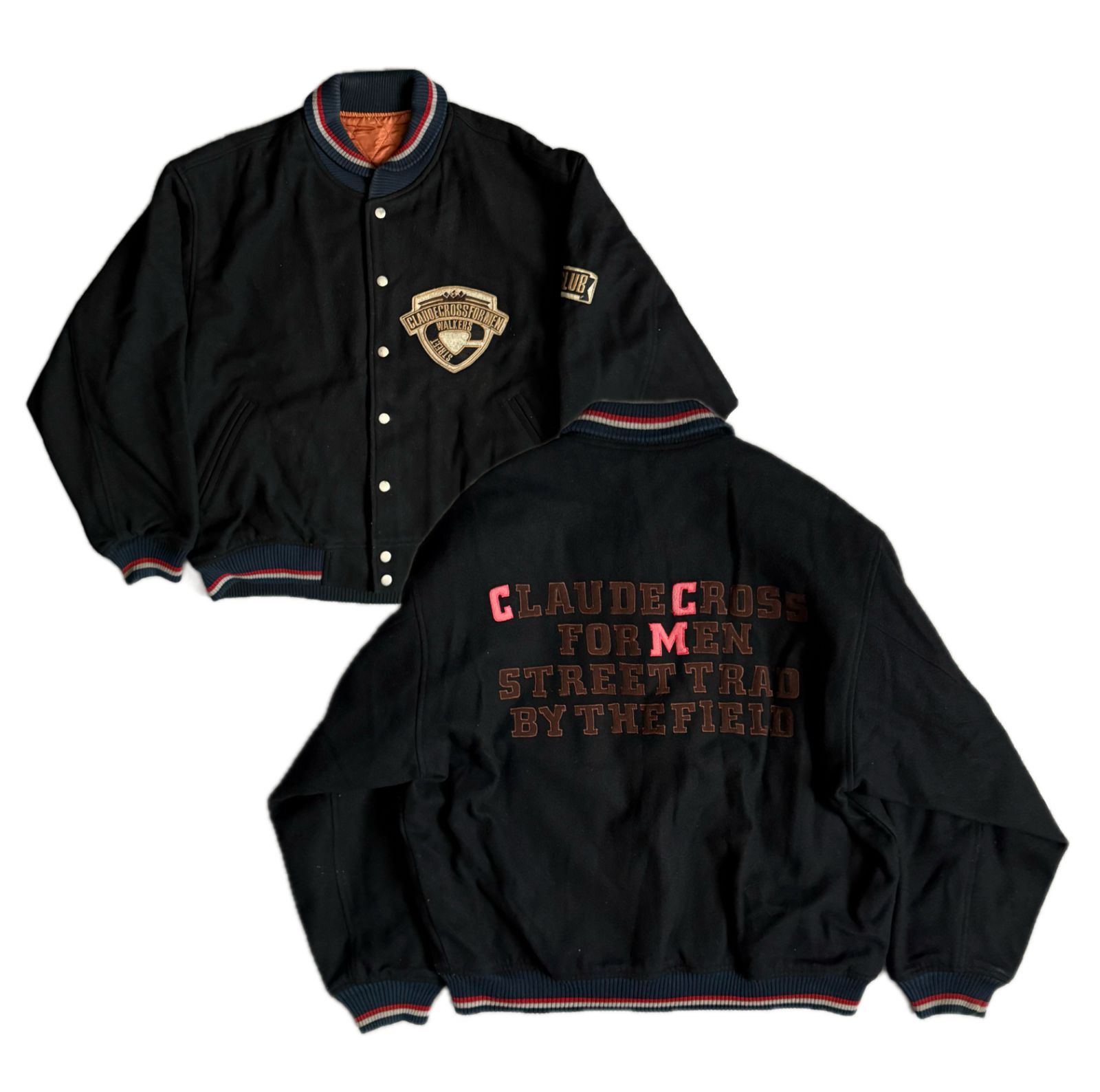 90s　vintage　フルレザー　中綿スタジャン　バスケロゴ刺繍　デカワッペン CLAUDE CROSS FOR MEN 90sヴィンテージ スタジャン ワッペン 黒
