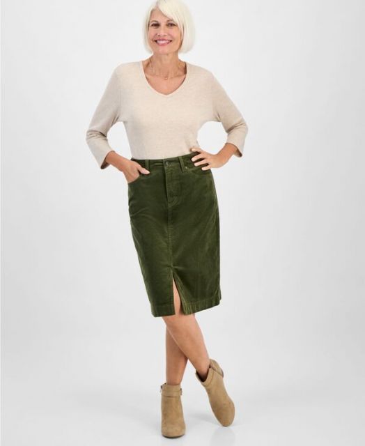 送料無料 スタイルアンドコー レディース スカート ボトムス Petite Corduroy Midi Skirt Native Green