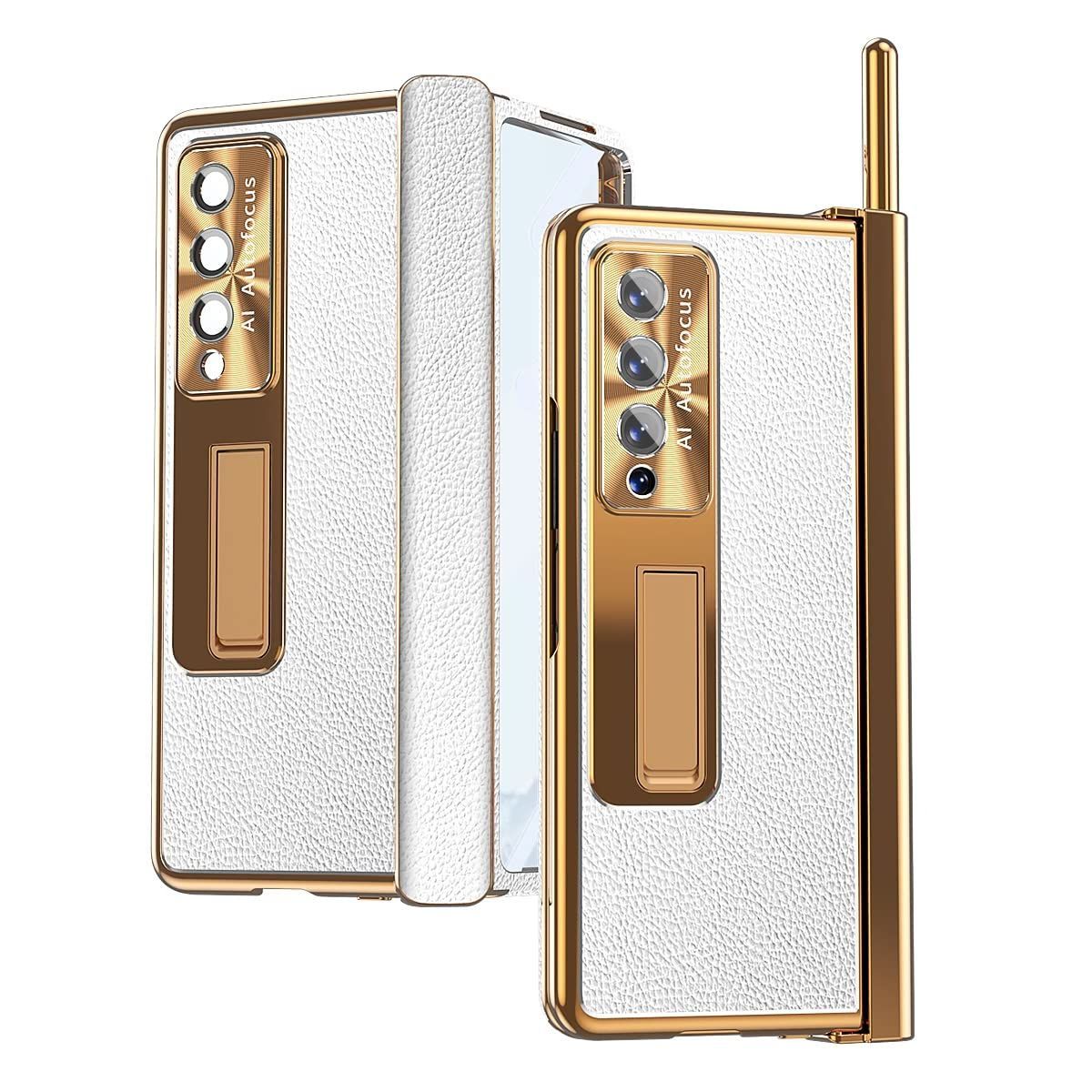 【特価商品】Galaxy Z Fold4 / W23携帯全面保護ケース+アルミ合金ボディ+強化ガラスフィルム+ペンスロット+金属レンズ保護カバー+ライチの質感 レザー+多機能ヒンジ磁気吸着 手帳型 折り畳み ブ