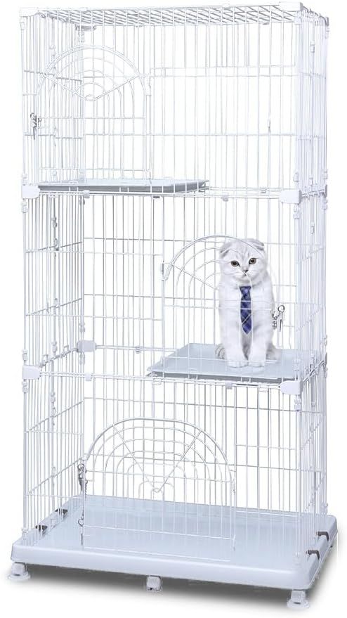 アイリスプラザ 猫 ケージ オリジナルペットケージ 3段 キャスター付 ホワイト 猫用・多頭飼い 高さ約178×幅約93×奥行約63cm