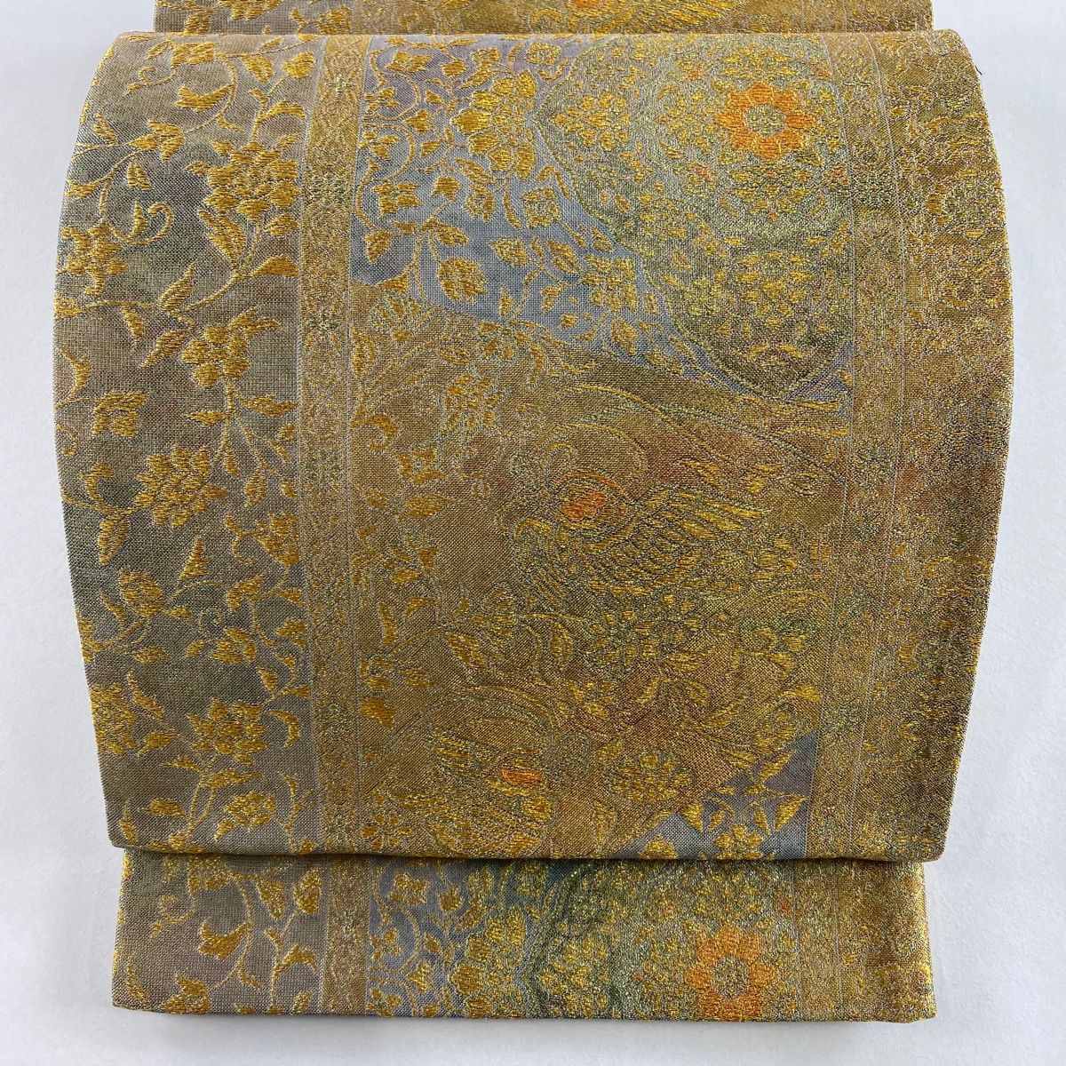 袋帯 秀品 花喰い鳥 華文 金糸 箔 金色 六通 正絹 【中古