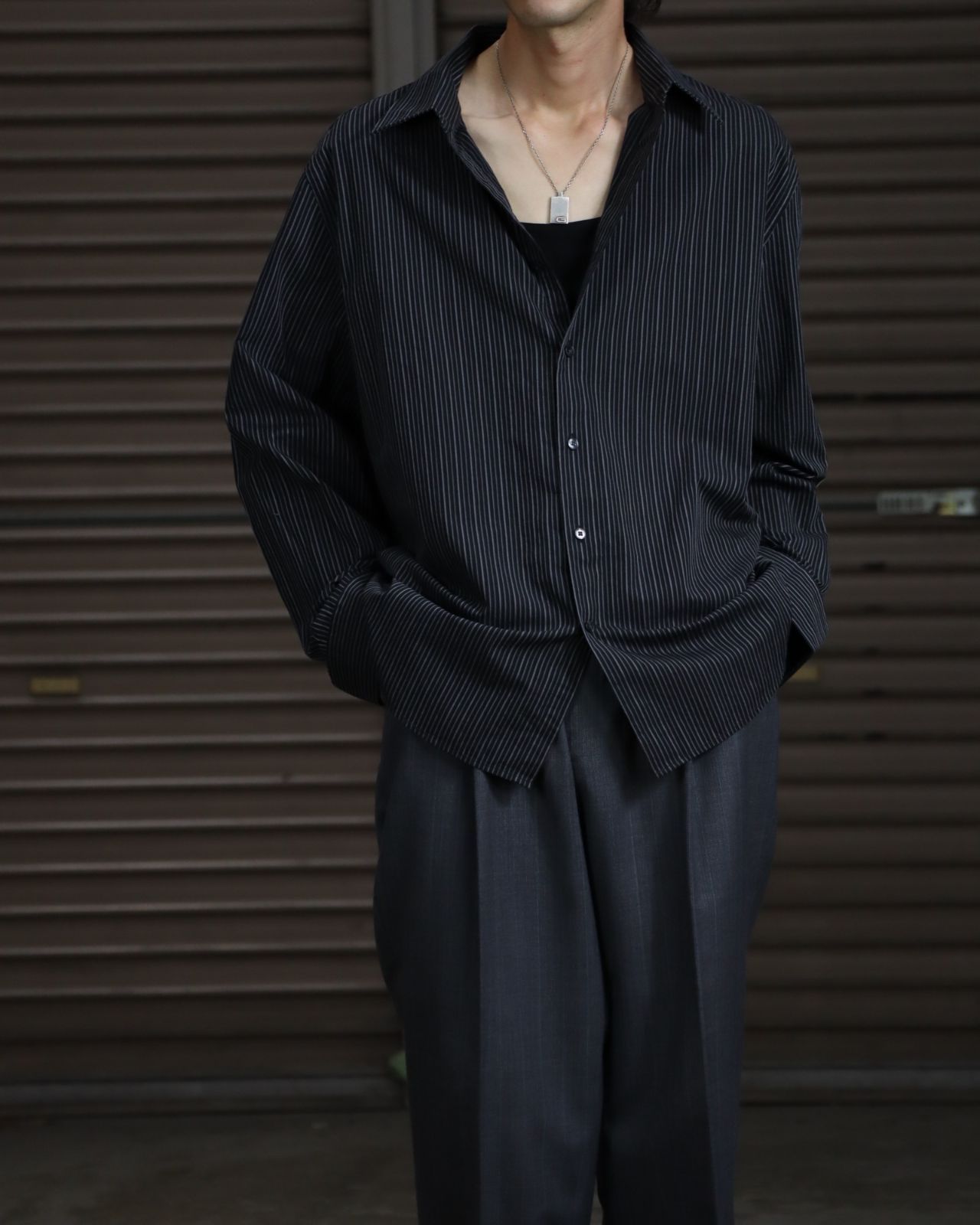 multi jacquard stripe oversized l/s shirt black モノトーン マルチ ジャガード ストライプ オーバーサイズ コットン 長袖シャツ XL 黒 ブラック
