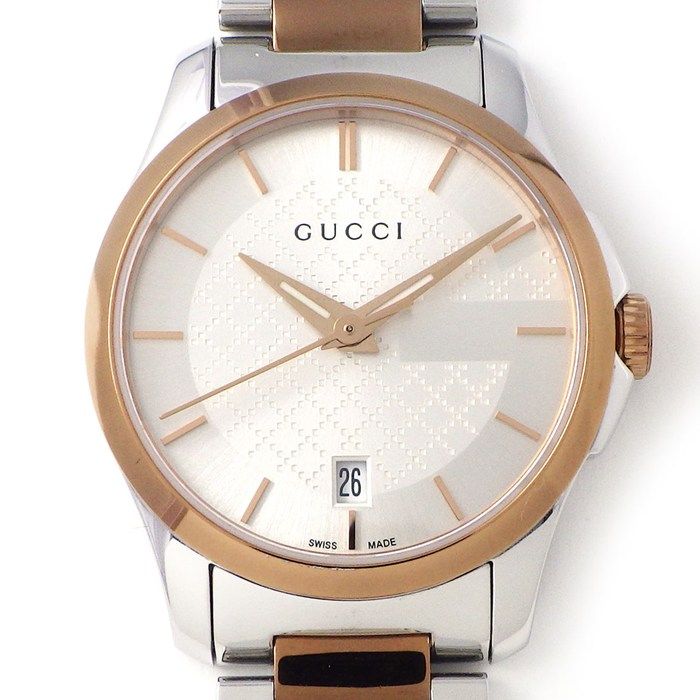 グッチ GUCCI 腕時計 Gタイムレス 126.5 シルバー文字盤 デイト ピンクGP SS クオーツアナログ