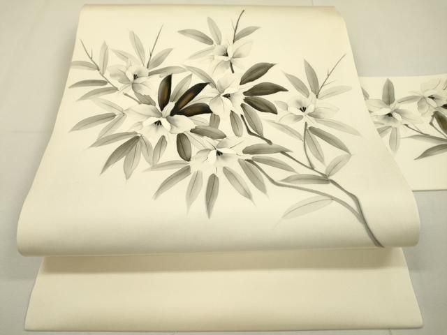 平和屋着物▽塩瀬 九寸名古屋帯 作家物 手描き 枝花 金彩 正絹