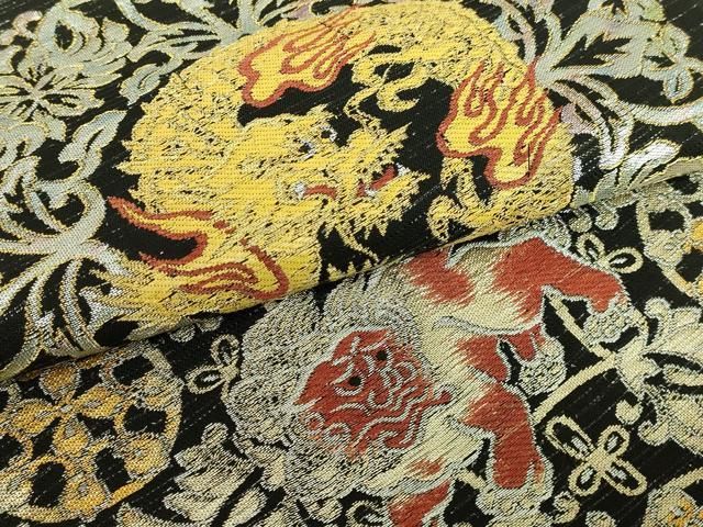 平和屋着物□極上 六通柄 本袋帯 唐獅子 龍 黒地 金銀糸 逸品
