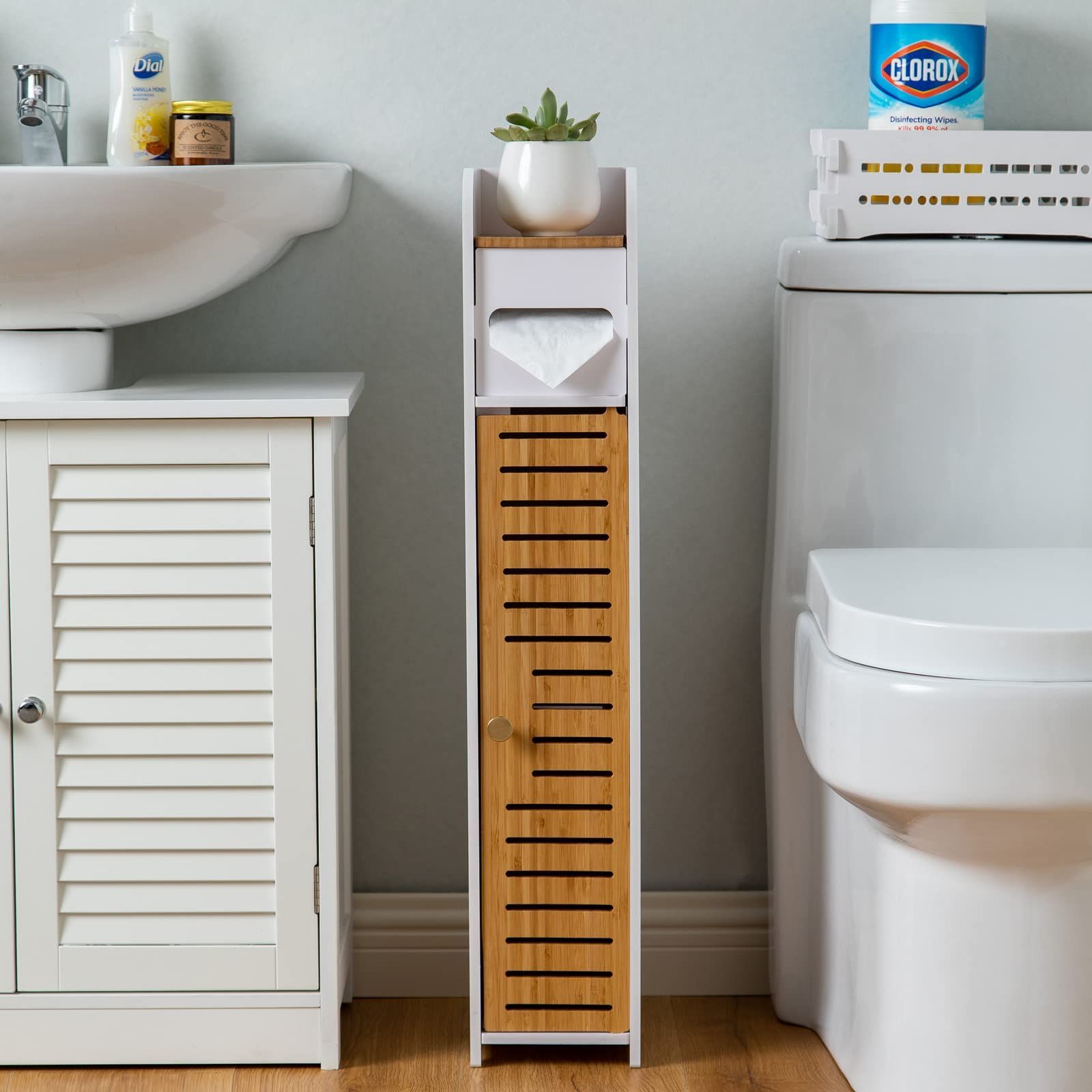 隙間収納 15cmトイレットペーパーストッカーBamboo 天然竹製 扉すきま収納 防水 トイレラック トイレ収納ラック トイレットペーパー 小さなトイレに適用 多機能トイレ収納ラック 調整可能シ