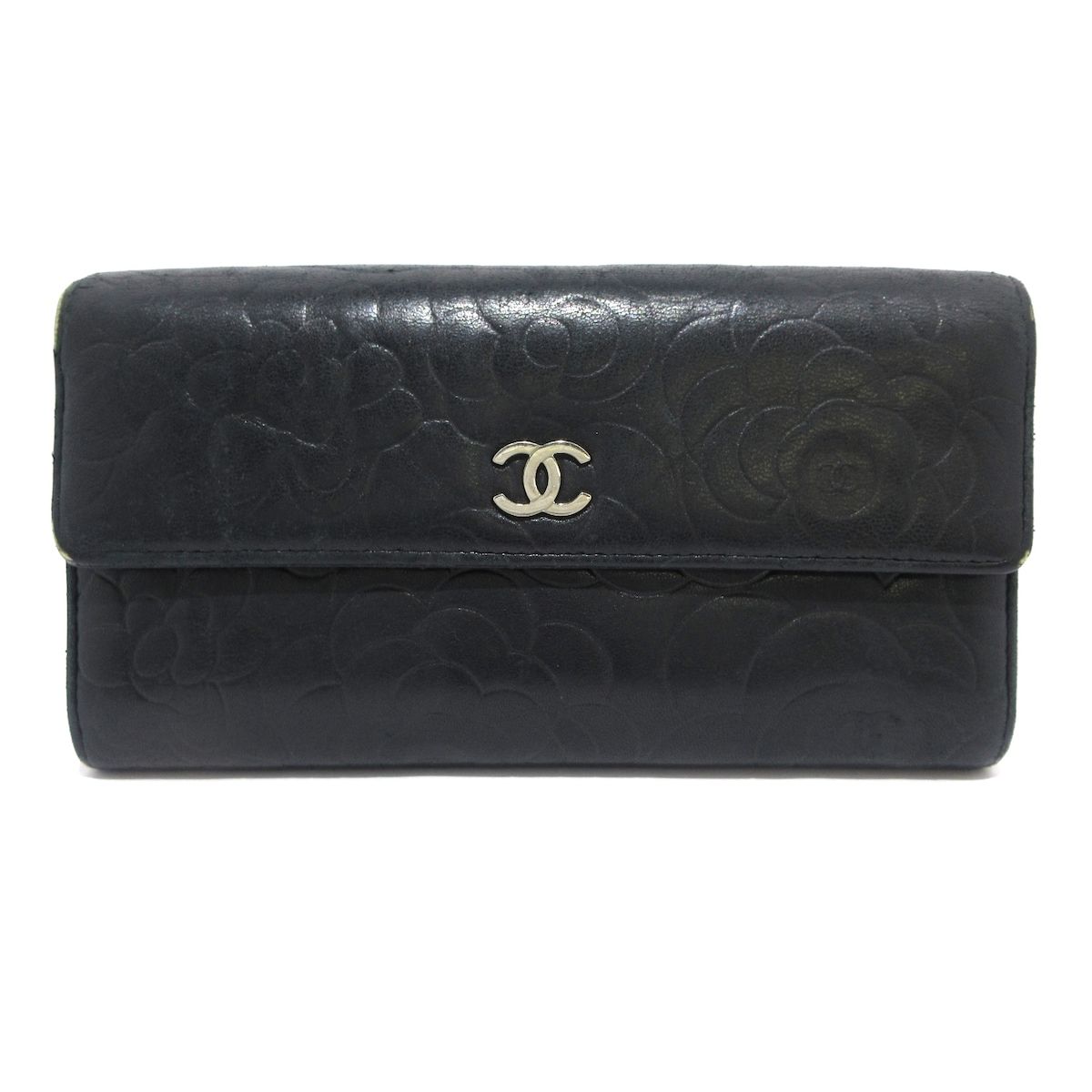 超極美品 CHANEL カメリア 二つ折り長財布 ラムスキン ブラック ♡CHANEL シャネル♡カメリア 長財布 ラムスキン ブラック
