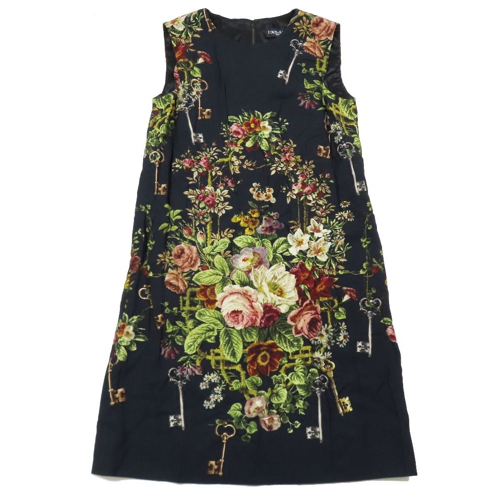 ♥ DOLCE-GABBANA ドルチェアンドガッバーナ 花柄 ノースリーブ ワンピース ドレス ショート丈 ミニ丈 40 ブラック レディース 古着