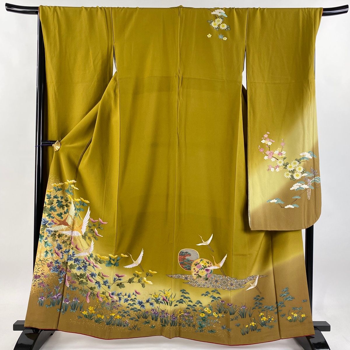 振袖 身丈162cm 裄丈68cm L 袷 鶴 菊 金糸 金銀彩 茶緑色 正絹 秀品