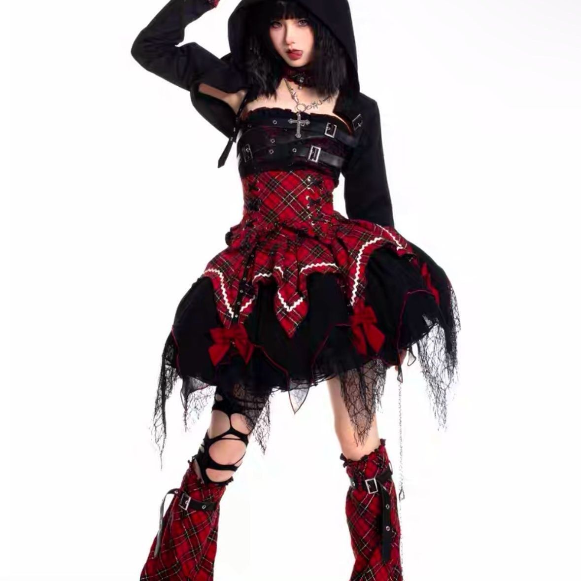 新品未使用 2024年秋冬発売 甜辣ロック風 アビゴスロックセットアップ 抹胸トップス+フレアスカート+チョーカー付き 撮影会 舞台演出 推し活 イベント用 大人レディース プレゼントにも最適