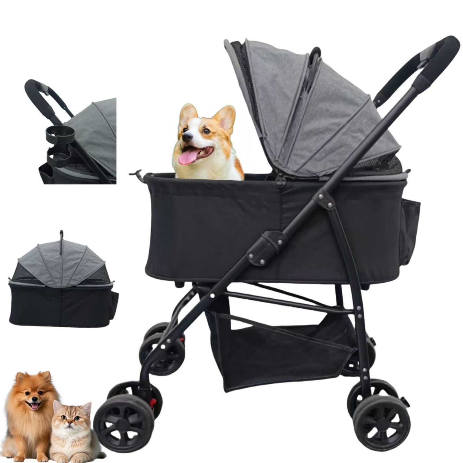 軽量20kg 取り外し 分離型 4輪PU耐摩耗性ホイール コンパクトな 犬用 猫に適しています 犬 バギー ペットベビーカー 多頭 ドッグ 360度回転 小型犬 後輪ブレーキ付き ワンタッチ開閉 ケア 中型犬 スタイリッシュなワンタッチ折りたた