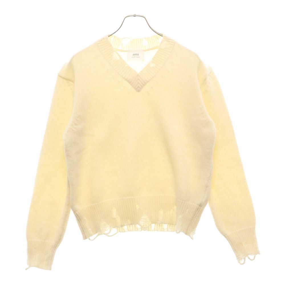 AMI Alexandre Mattiussi (アミアレクサンドルマテュッシ) Cut Out Sweater UKS227.KN016 カットアウトセーター ダメージ加工Vネックニット クリーム