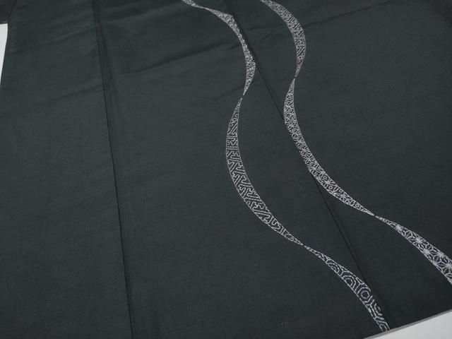 平和屋本店■極上　男性　訪問着　紬地　刺繍　刺し子　よろけ縞吉祥文　黒地　逸品　CYAA1838s5 平和屋本店□極上 男性 訪問着 紬地 刺繍 刺し子 よろけ縞吉祥文 黒地